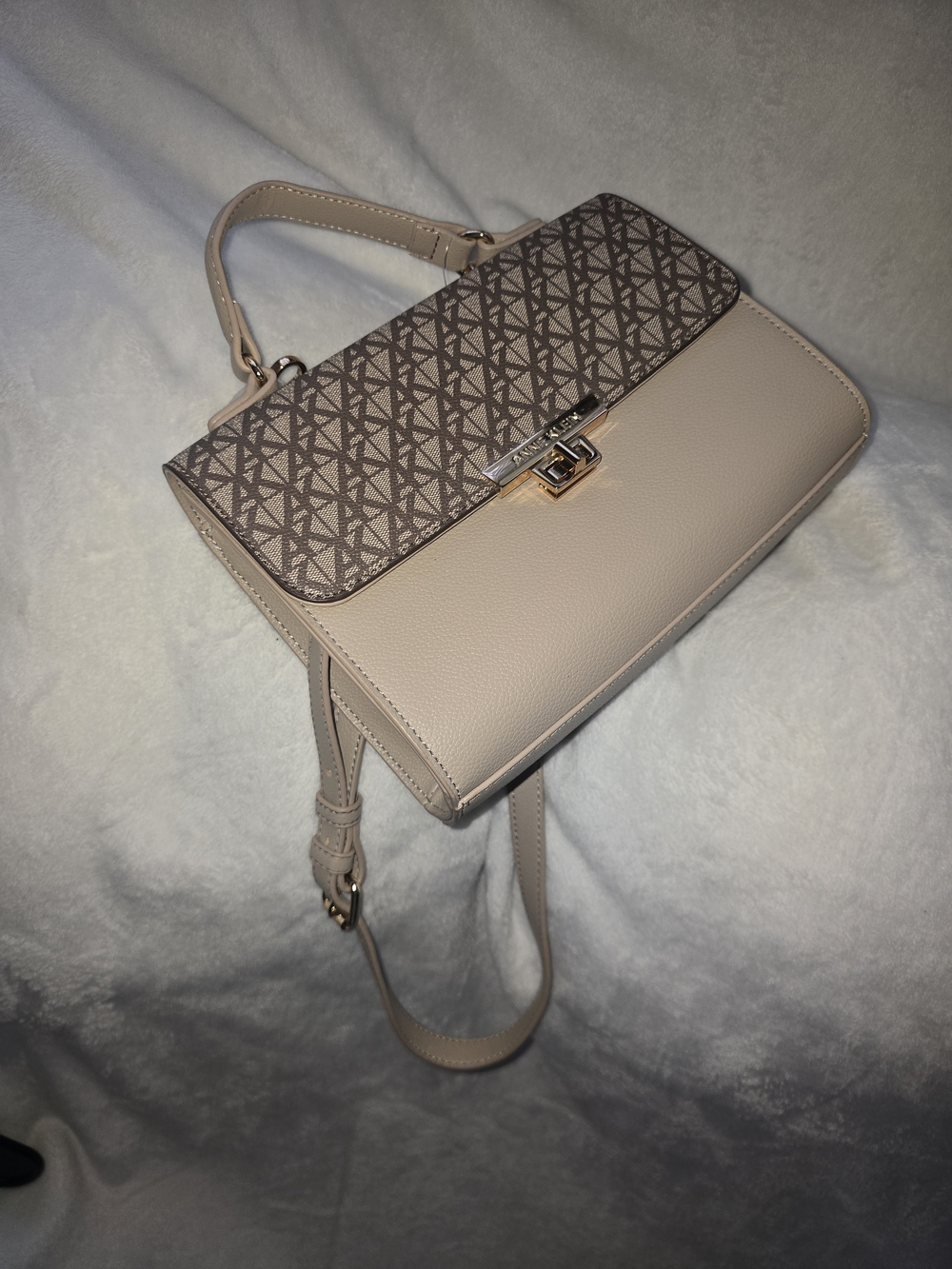 Anne Klein Beige Logo-Print Top-Handle Satchel
